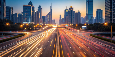 Bustling cityscape at dusk with light trails from traffic on highway, surrounded by modern skyscrapers