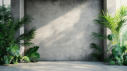 A vibrant green palm plant against a textured grey wall