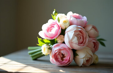 delicate bouquet peonies ranunculuses floats amidst soft focus blur gentle morning light weathered