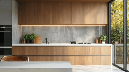 Marble kitchen countertop with copy space over gray modern elegance kitchen