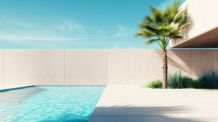 new concrete house in modern style with pool and parking for sale or rent and beautiful landscaping on background