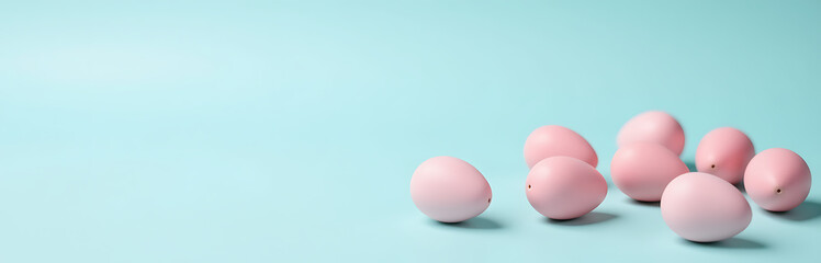 delicate pattern soft pink eggs scattered across serene pastel blue backdrop minimalist still life setup shallow
