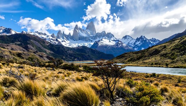 Panoramic view of rugged mountains with snow-capped peaks reflecting in tranquil waters under a vibrant blue sky with scattered clouds