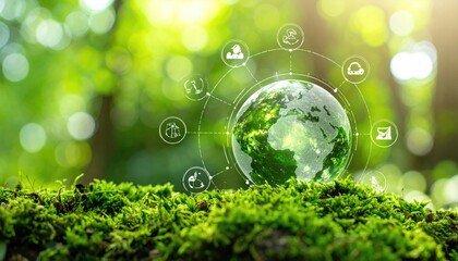 Glowing Earth hologram projecting digital icons hovering above lush green moss and vibrant foliage illuminated by soft sunlight creating an eco friendly technology concept