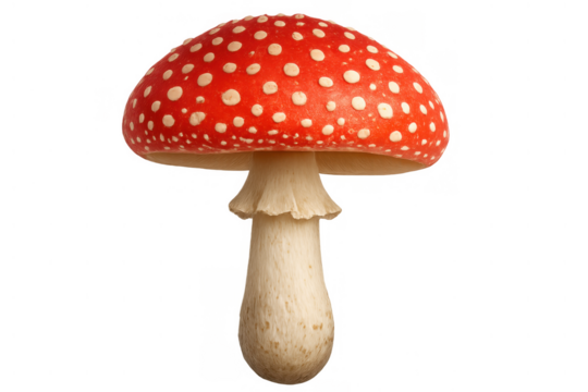 Fly agaric mushroom with red cap and white spots, amanita muscaria, poisonous toadstool fungus, autumn nature on transparent background