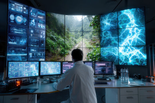 A scientist analyzes seismological data in a modern laboratory using advanced technology and digital screens.
