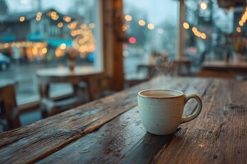 Fototapeta premium Pristine white ceramic mug with a wisp of steam sits on a weathered wooden table in a cozy coffee shop with a rain-streaked window blurred.