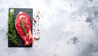 Overhead view of a raw ribeye steak with rosemary sprigs, peppercorns, garlic cloves on a dark stone board, set against a textured, light gray background