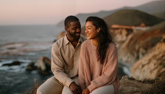 Majestic cliffs coastal couple smiling at golden sunset — natural-light lifestyle portrait with warm romance, cinematic travel mood, ideal for nature, tourism, and love