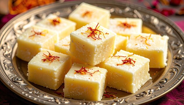 Indonesian Dodol Dark Sticky Rice Toffee Sweets Square Pieces Topped with Saffron Sprinkles on Ornate Brass Plate with Soft Bokeh Background