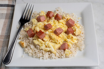 rice  with  diced spam and  scramble eggs