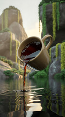 A surreal scene depicts a large leche cup tilted, pouring rich, dark coffee into a calm body of water, creating a reflective surface..jpg