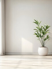 empty room interior background, beige wall, pot with plant