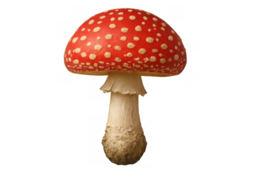 Fly agaric mushroom with a bright red cap covered in white spots and a sturdy stem, isolated on a transparent background