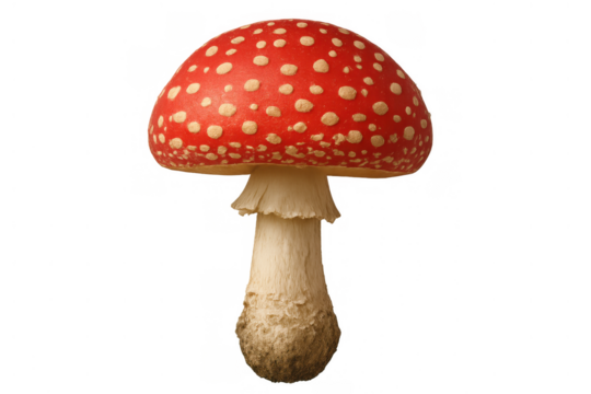 Fly agaric mushroom with a bright red cap covered in white spots and a sturdy stem, isolated on a transparent background