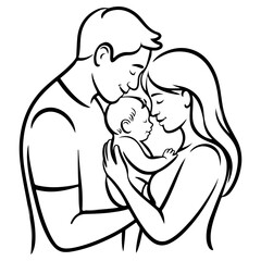 Obraz premium A tender black and white line art drawing of a new family. A loving mother and father embracing their newborn baby. Represents love, parenthood, and togetherness.