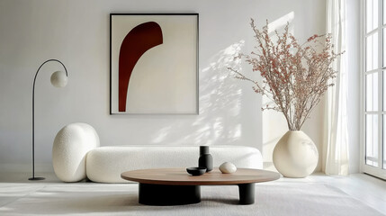 White tone Japandi and minimalist interior design of modern living room