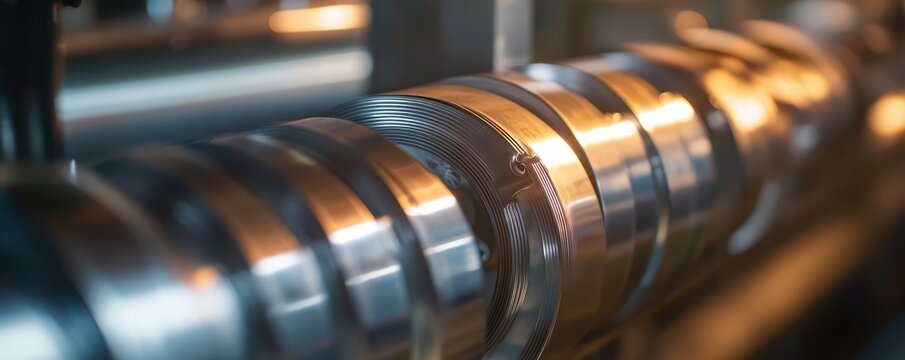 Shining metal pipes in factory setting.