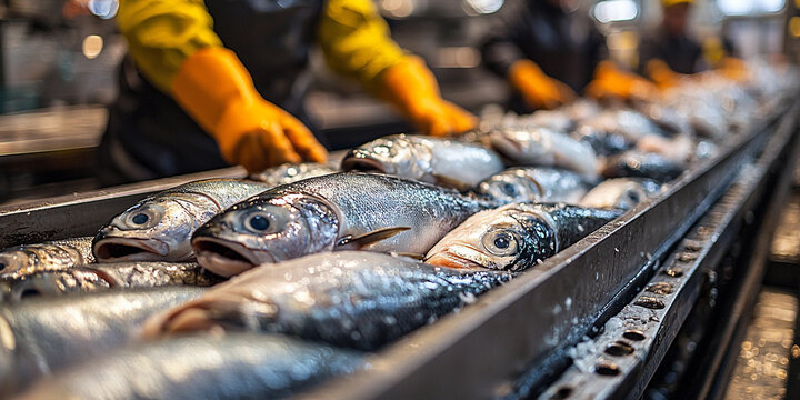 Fish processing plant production line in action Generative AI