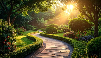 Sunny garden path with lush foliage.