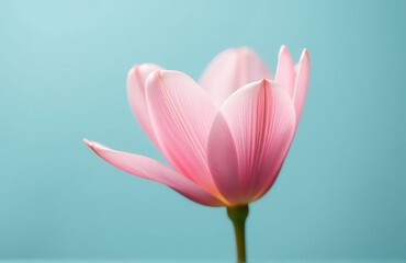 Fototapeta premium delicate pink bloom unfurls cerulean sky backdrop petals gentle curves subtle color gradations capturing