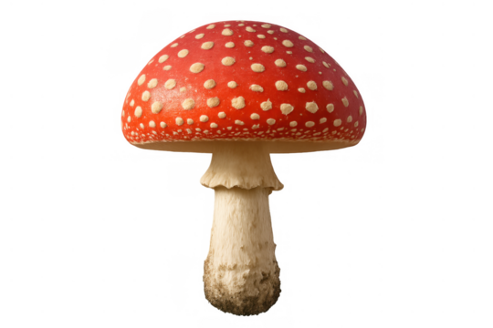 Amanita muscaria fly agaric mushroom isolated, showing a red cap with white spots, poisonous toadstool on transparent background