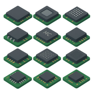 isometric set of microchip and electronic components on green pcb