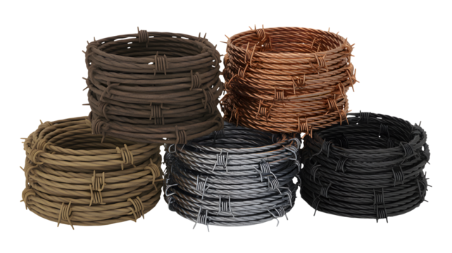 Stacks of coiled barbed wire in various earthy and metallic tones perfect for illustrating security, boundaries, or industrial themes - Powered by Adobe