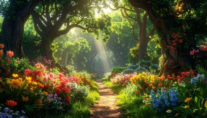 Sunny Path Through Blooming Forest.