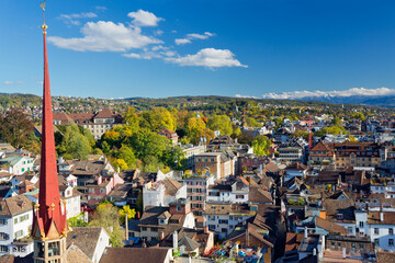 Panoramic view of Zurich city, Swiss Alps, Switzerland