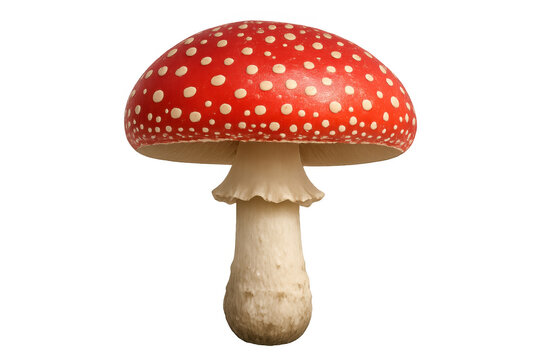 Fly agaric mushroom with red cap and white spots, a poisonous fungi isolated on a transparent alpha background