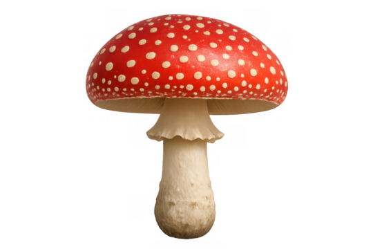 Fly agaric mushroom with red cap and white spots, a poisonous fungi isolated on a transparent alpha background
