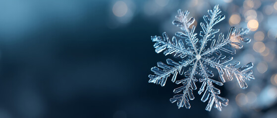 Close-up macro photograph of a single detailed snowflake crystal with intricate symmetrical patterns on a blurred blue background