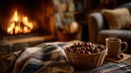 Cozy autumn scene with roasted chestnuts and hot beverage by the fireplace,Roast Chestnuts Day