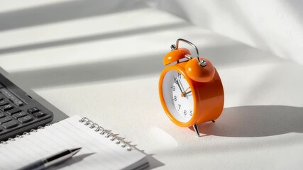 Orange alarm clock on white desk with notebook and keyboard under morning sunlight creating minimal workspace concept with clean composition - Powered by Adobe