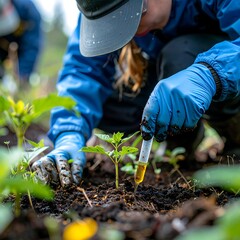 A person in blue gloves and a jacket carefully examines a small plant with a syringe. Other plants are nearby
