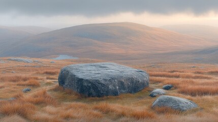 Large boulder rests amid muted autumnal moorland; distant hills fade into fog