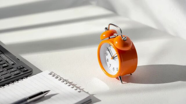 Orange alarm clock on white desk with notebook and keyboard under morning sunlight creating minimal workspace concept with clean composition