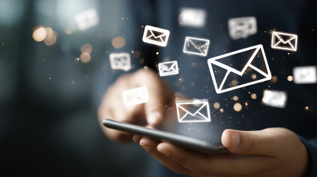 &Iacute;cones de e-mail flutuam enquanto pessoa usa o smartphone, indicando dinamismo, comunica&ccedil;&atilde;o imediata, conectividade m&oacute;vel e troca cont&iacute;nua de mensagens digitais em tempo real