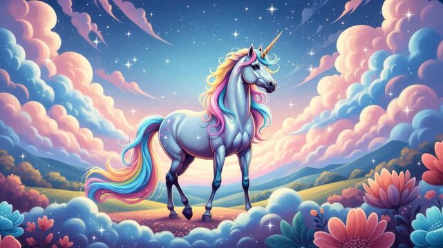 Magical unicorn with vibrant rainbow mane gallops through a dreamy, star-filled sky, 4k high quality