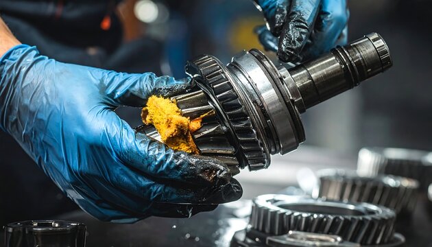 A person in blue gloves wipes a mechanical component with a rag. Gears, bearings, and a metal shaft are visible in a well-lit workshop