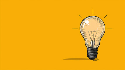 Creative illustration of a glowing light bulb on a bright yellow background, symbolizing innovation, ideas, inspiration, creativity and problem-solving in a minimalist style
