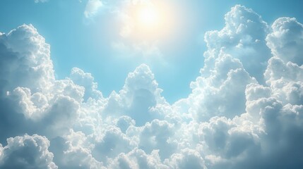 Sun shines through fluffy clouds in a bright blue sky. Soft light filters through the billowing forms