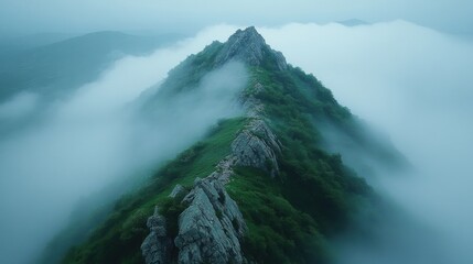 A jagged mountain ridge disappears into a misty atmosphere, covered in green vegetation