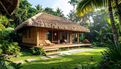 Tropical bungalow in lush green garden.