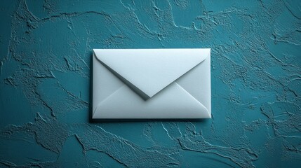 A white, closed envelope rests on a textured teal-blue surface, viewed from directly above