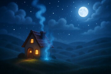 Cozy cottage glows under a magical full moon night sky with swirling stardust, inviting warmth and wonder into your dreams.
