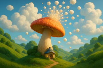 Whimsical fairytale mushroom house nestled in a vibrant, sun-drenched rolling green landscape under a bright blue sky with fluffy clouds.