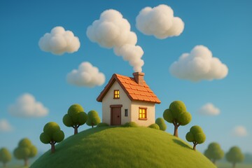 Charming cartoon house with smoking chimney sits atop a lush green hill under a bright blue sky with fluffy clouds and surrounding trees