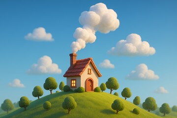 Charming cartoon cottage with smoking chimney nestled on a lush green hill under a bright blue sky with fluffy clouds